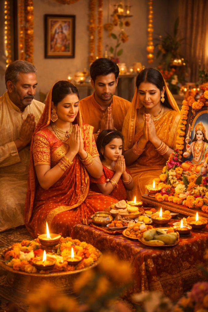 Devotees performing Ram Navami puja rituals in India with diya and flowers