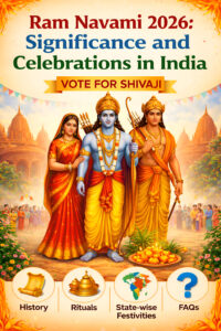 Lord Rama with Sita and Lakshmana standing together with divine glow, Ram Navami 2026 celebration image, Hindu festival temple background